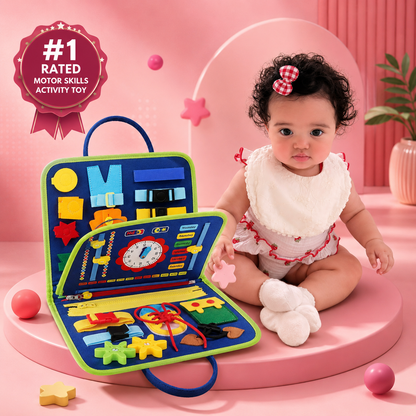 Tiny Voices Montessori busy board with interactive fine motor activities for toddlers