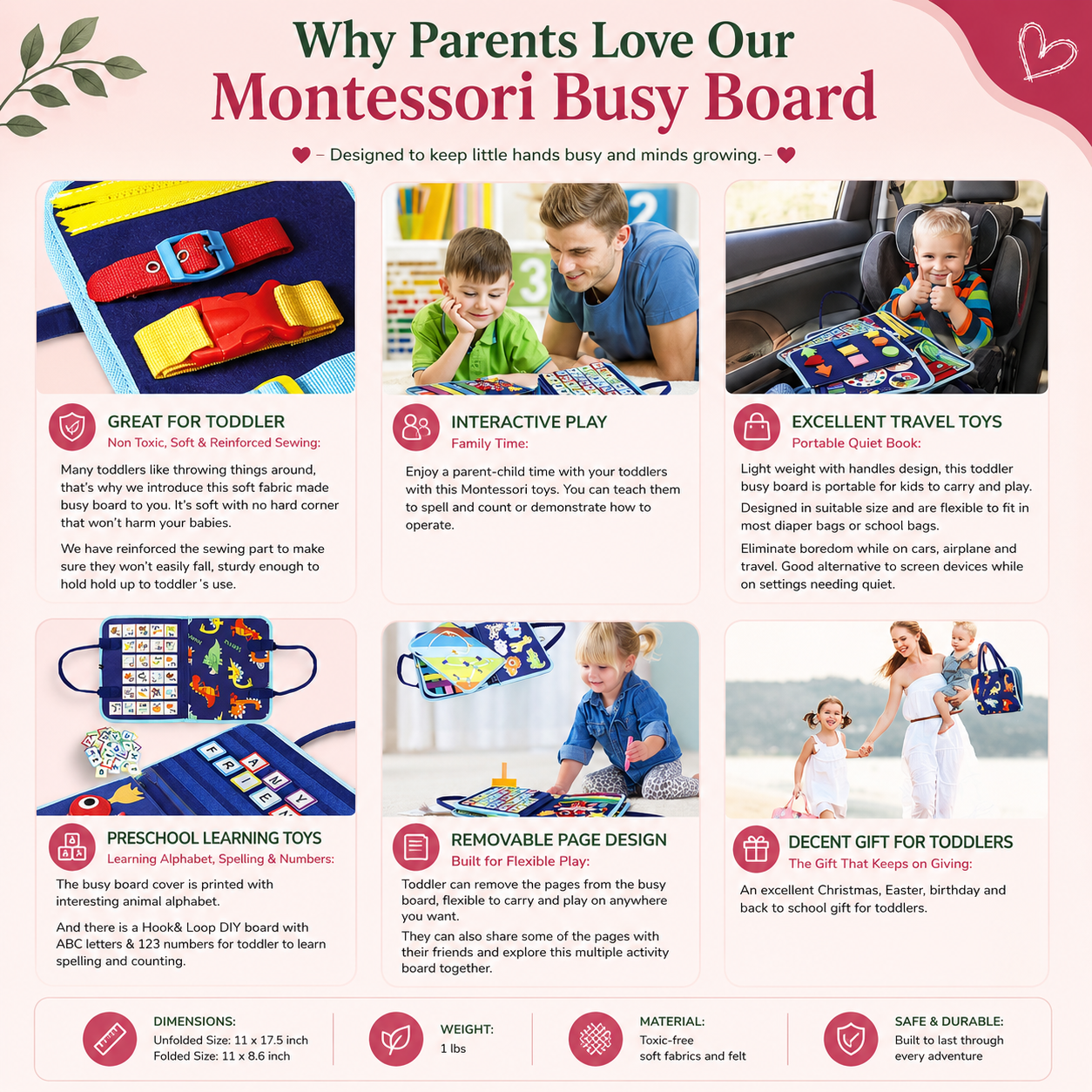 Montessori busy board for interactive play, travel, and everyday learning for toddlers