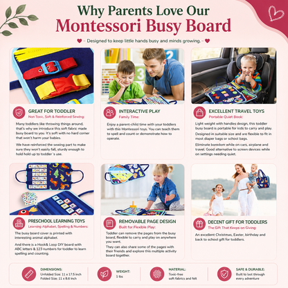 Montessori busy board for interactive play, travel, and everyday learning for toddlers