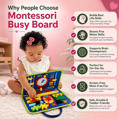 Montessori busy board featuring practical activities for fine motor practice and hands-on learning