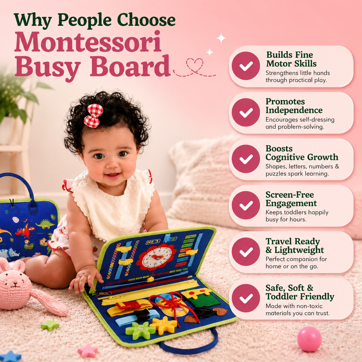 Montessori busy board encouraging independent play and screen-free learning experiences