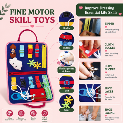 Busy board with zipper buckle and shoelace activities for practising everyday dressing skills